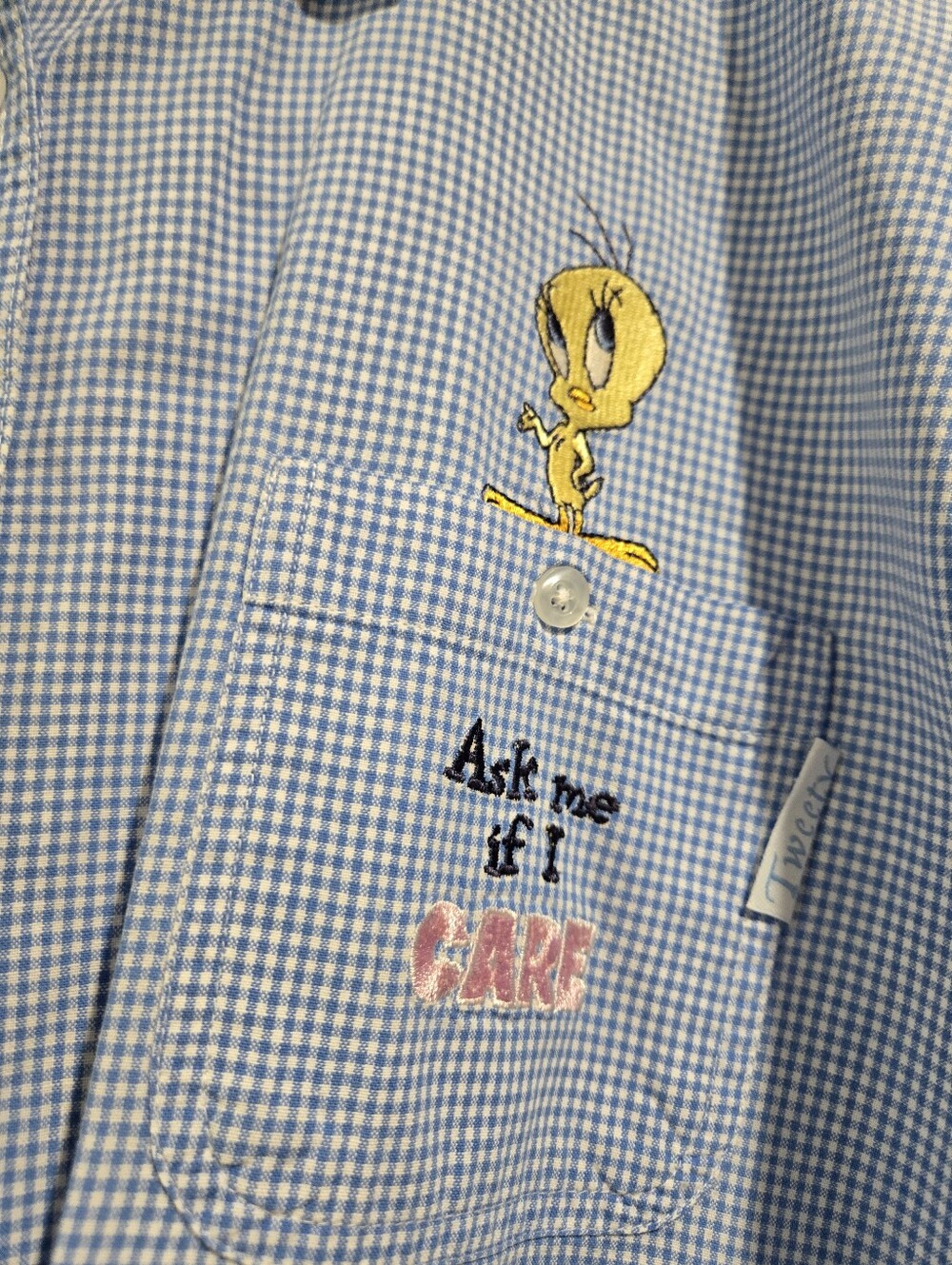 LOONEY TUNES Vintage Women's Blue Checkered Tweety Bird Embroidered Shirt 22/24W - Picture 2 of 4